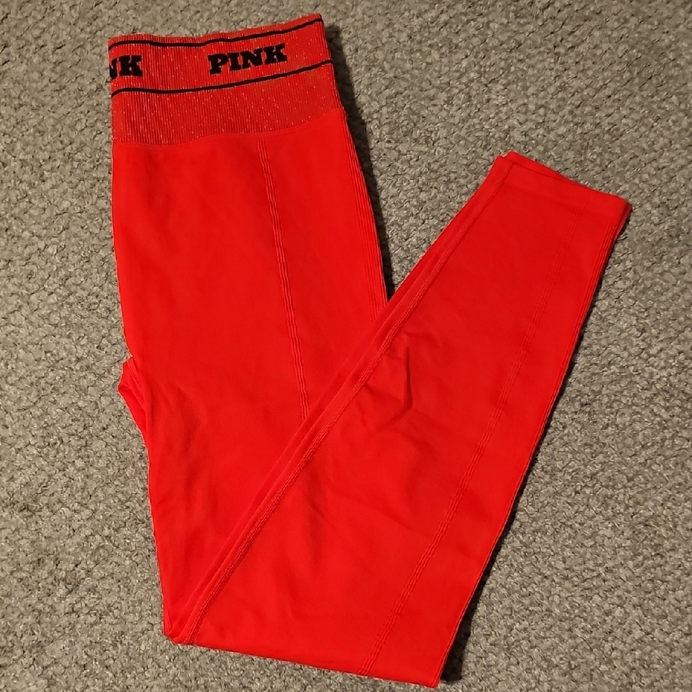 PINK Victoria's Secret Seamless Classic LOGO Shimmer Waistband Red Leggings